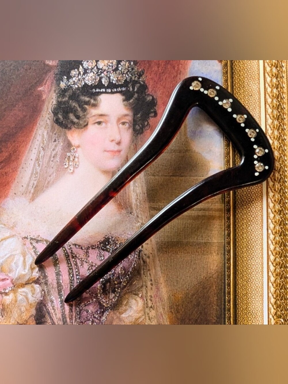 Antique 1920s Gatsby Art Deco Hair Fork Rhinestone Tortoise Celluloid Comb